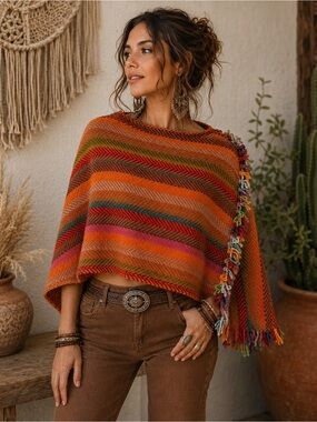 Vintage Handwoven Boho Wool Blend Poncho Fringe Artisan